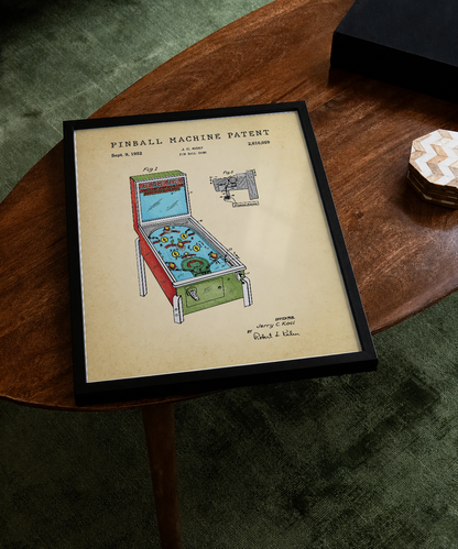 Pinball machine patent print displayed on a tabletop