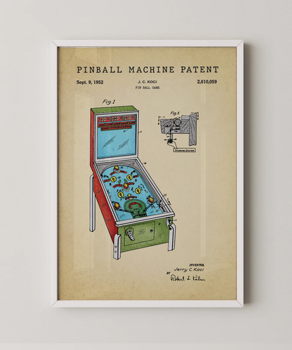 Pinball machine patent print in a white frame