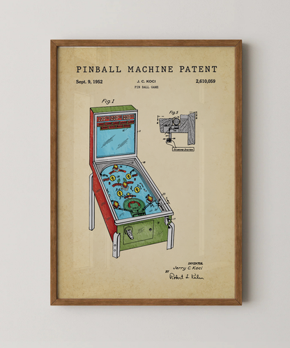 Pinball machine patent print in a natural oak wood frame