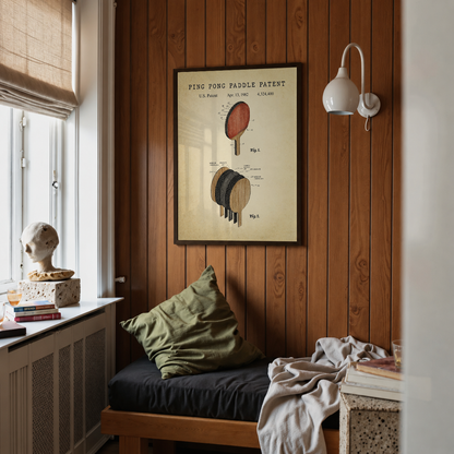 Ping pong paddle patent print framed above a bed in a bedroom