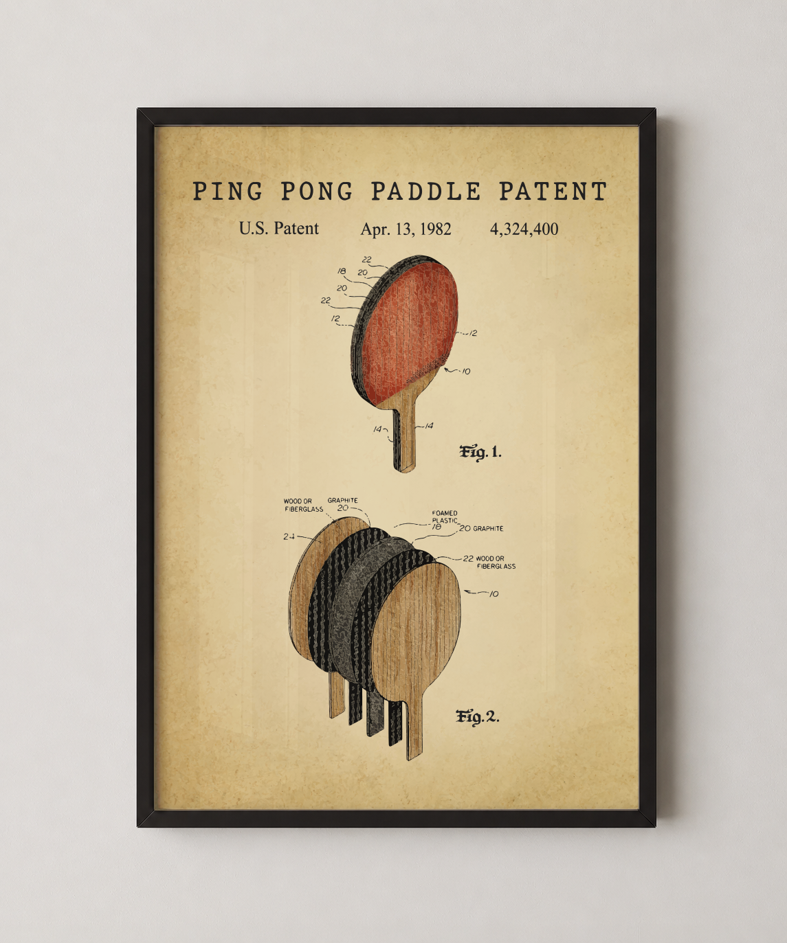 Ping pong paddle patent print in a black frame