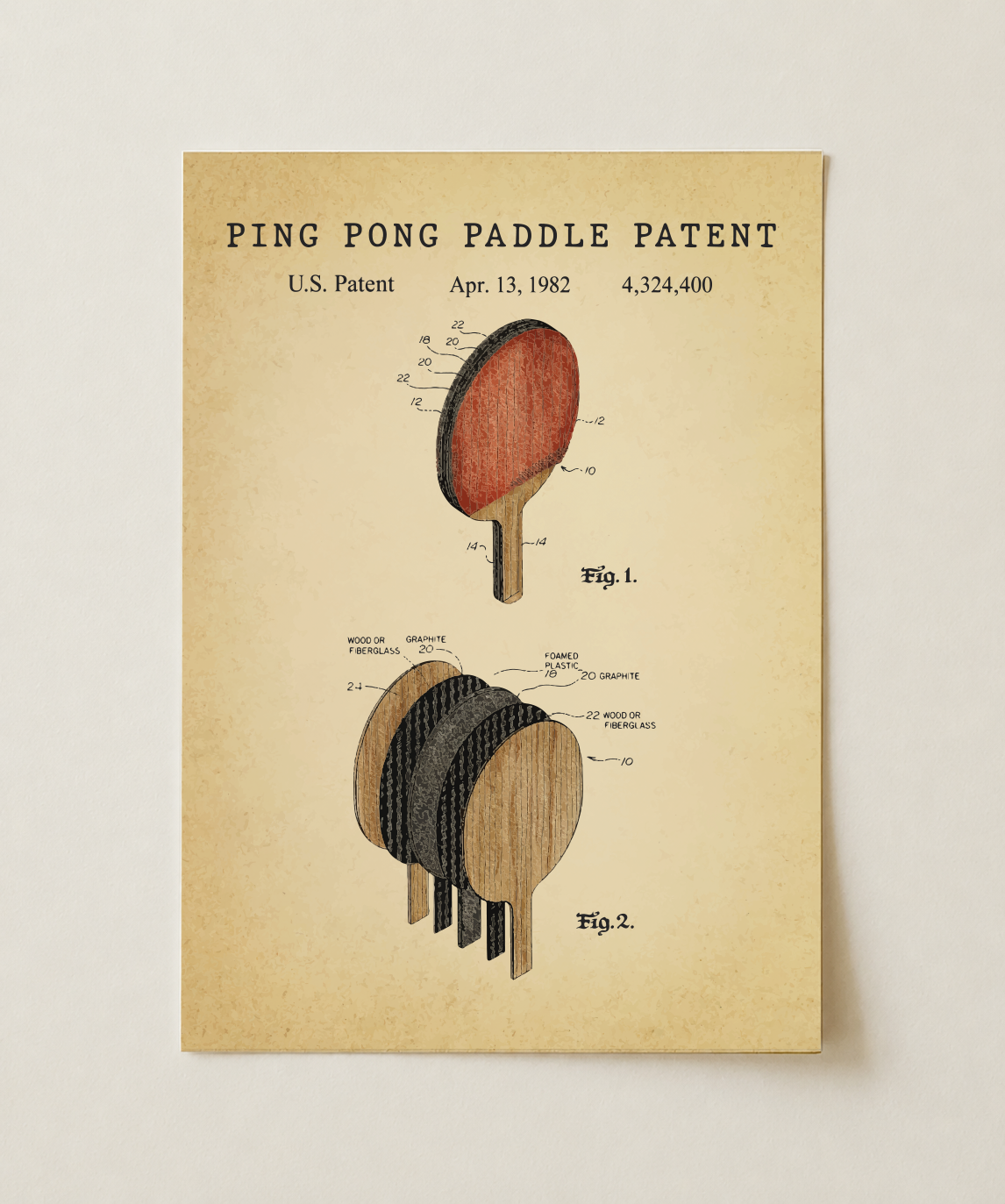 Ping pong paddle patent print, unframed
