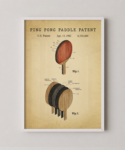 Ping pong paddle patent print in a white frame