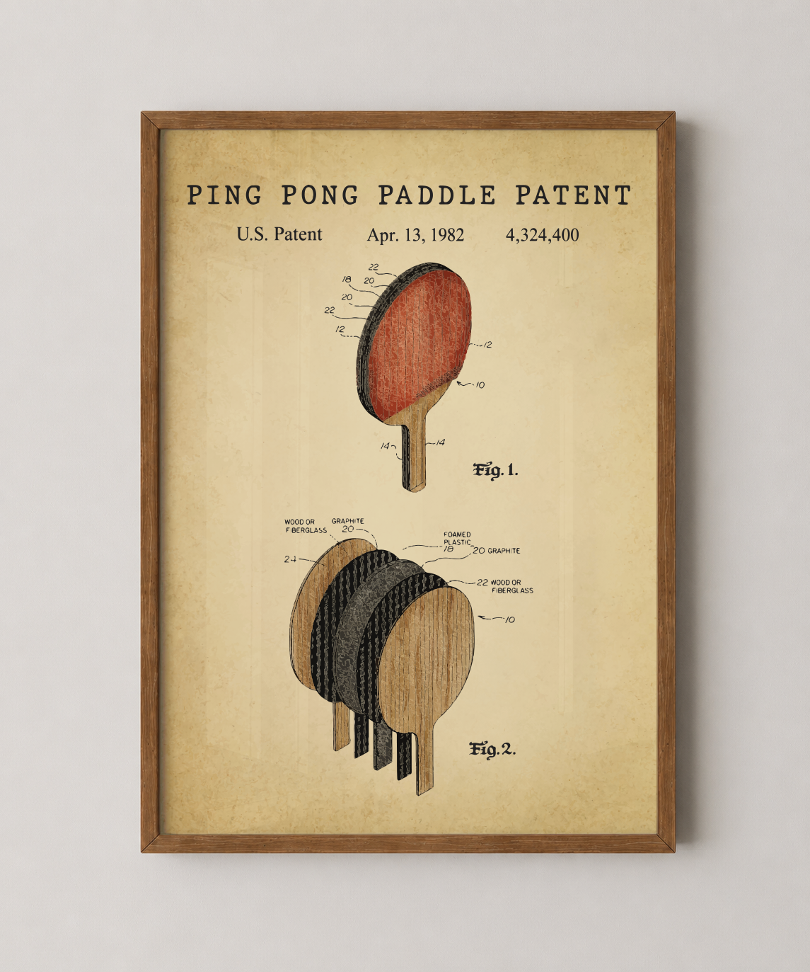 Ping pong paddle patent print in a natural oak wood frame