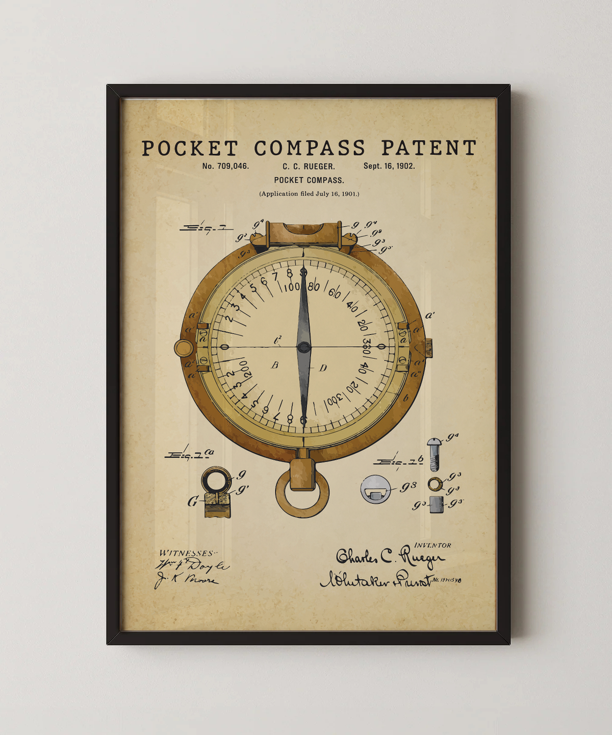 Pocket compass patent print in a black frame