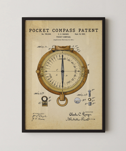 Pocket compass patent print in a black frame