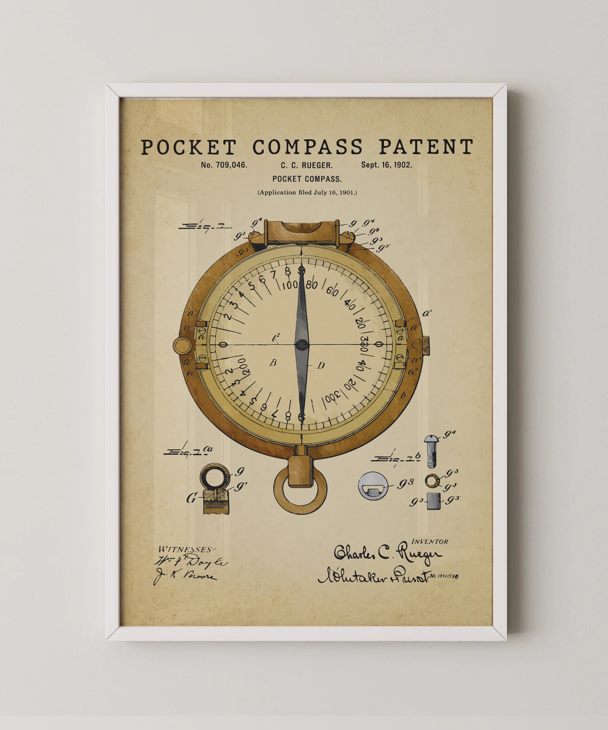 Pocket compass patent print in a white frame