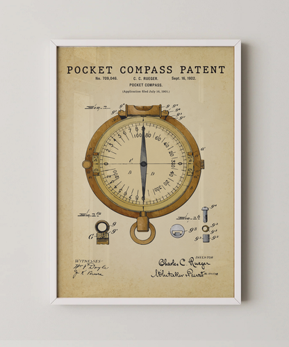 Pocket compass patent print in a white frame