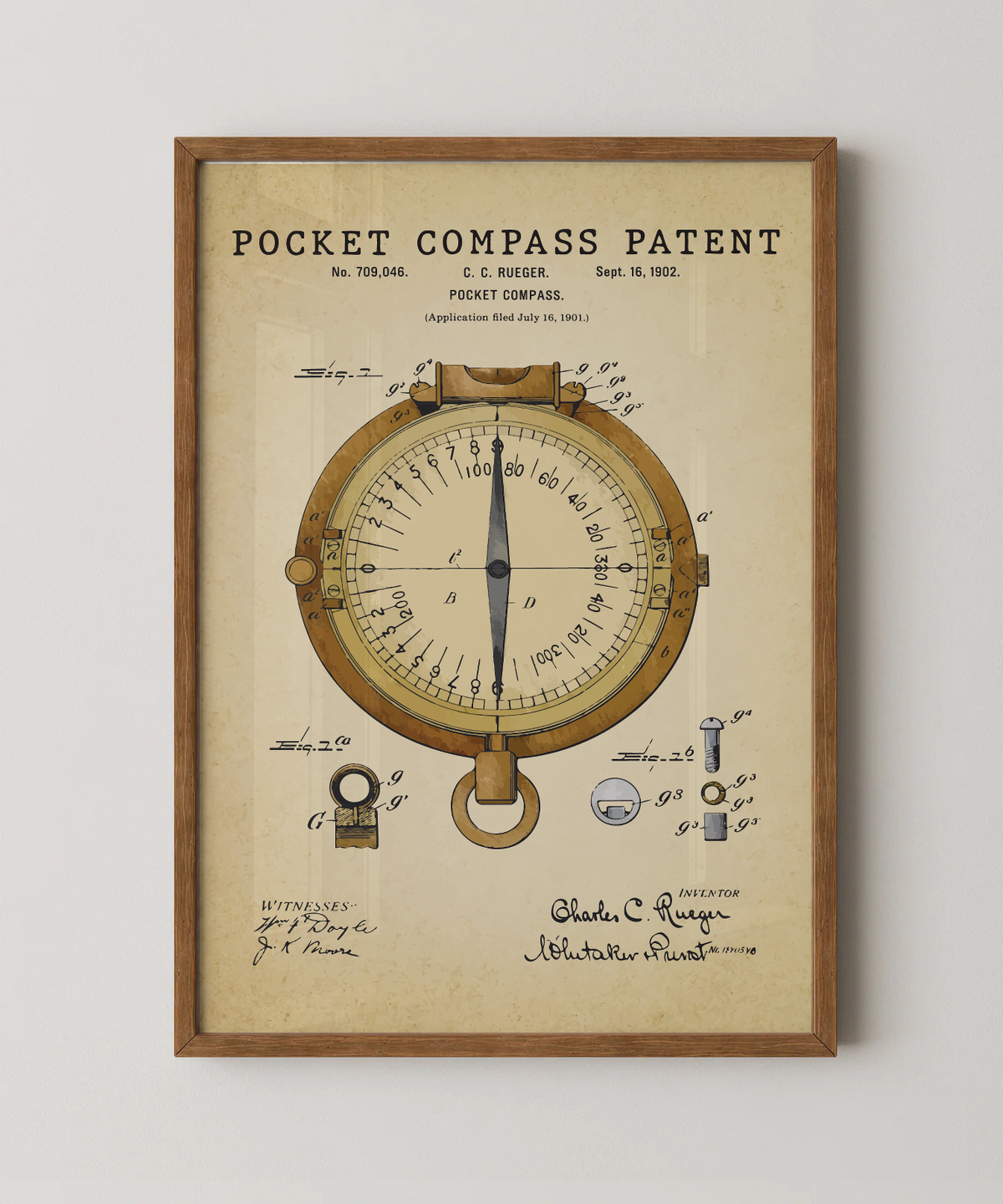 Pocket compass patent print in a natural oak wood frame