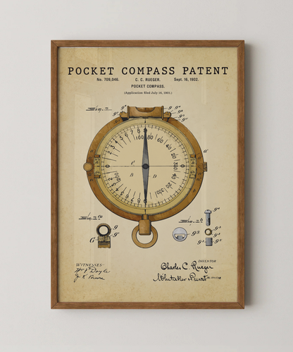 Pocket compass patent print in a natural oak wood frame