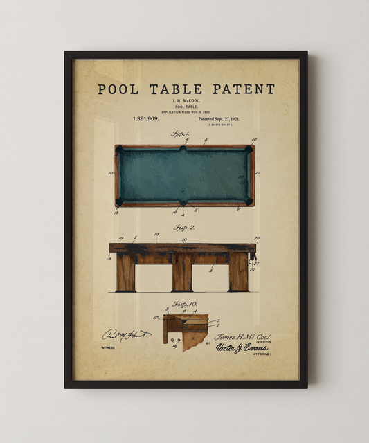 Pool table patent print in a black frame
