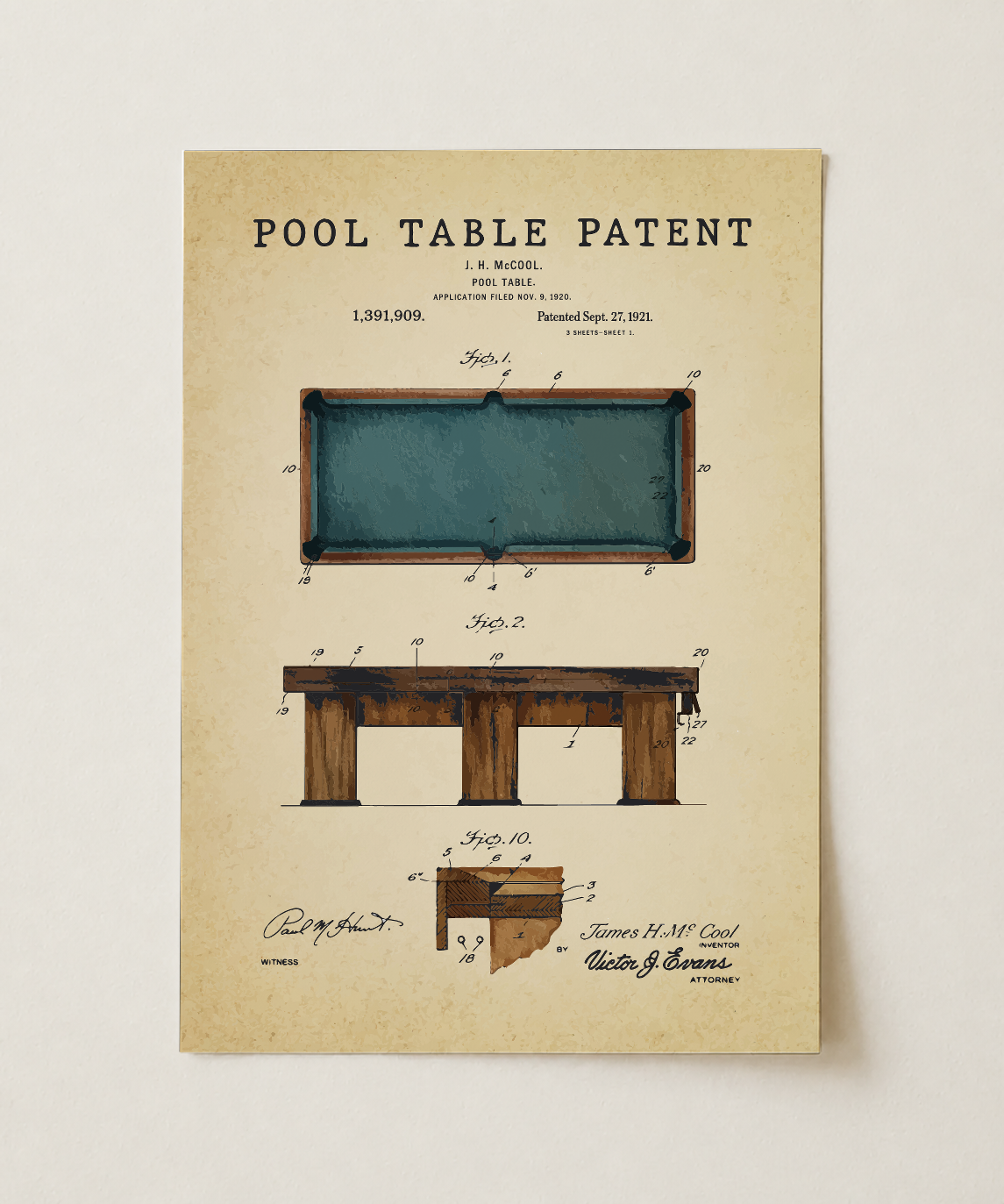 Pool table patent print, unframed