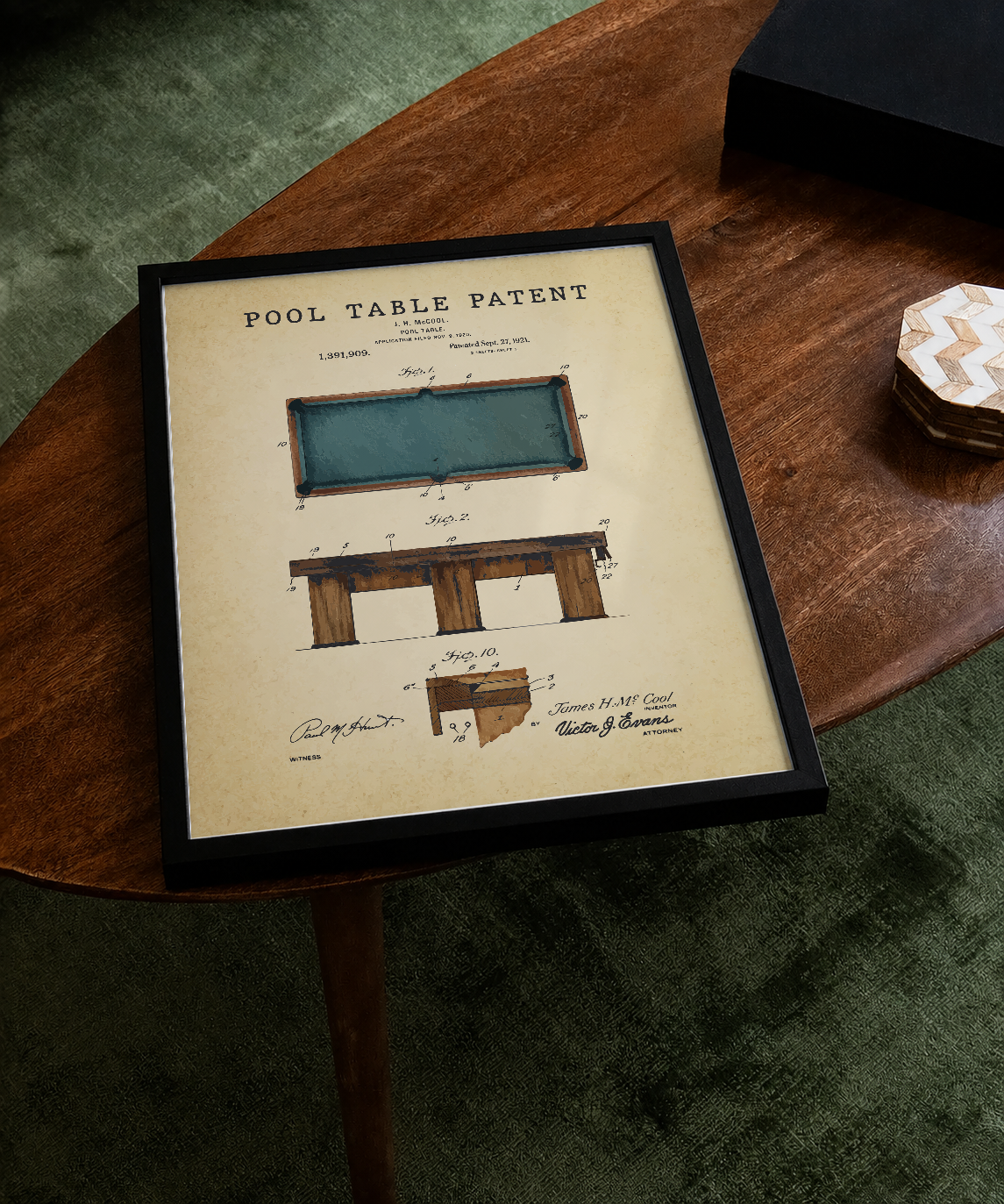 Pool table patent print displayed on a tabletop