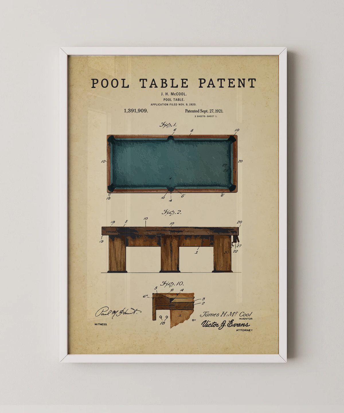 Pool table patent print in a white frame