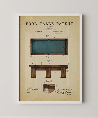 Pool table patent print in a white frame