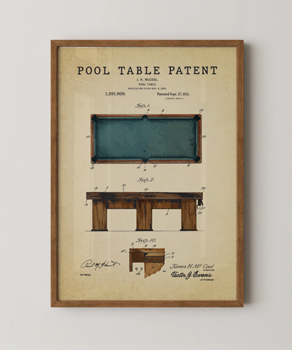 Pool table patent print in a natural oak wood frame