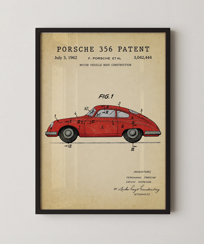 Porsche 356 patent print in a black frame