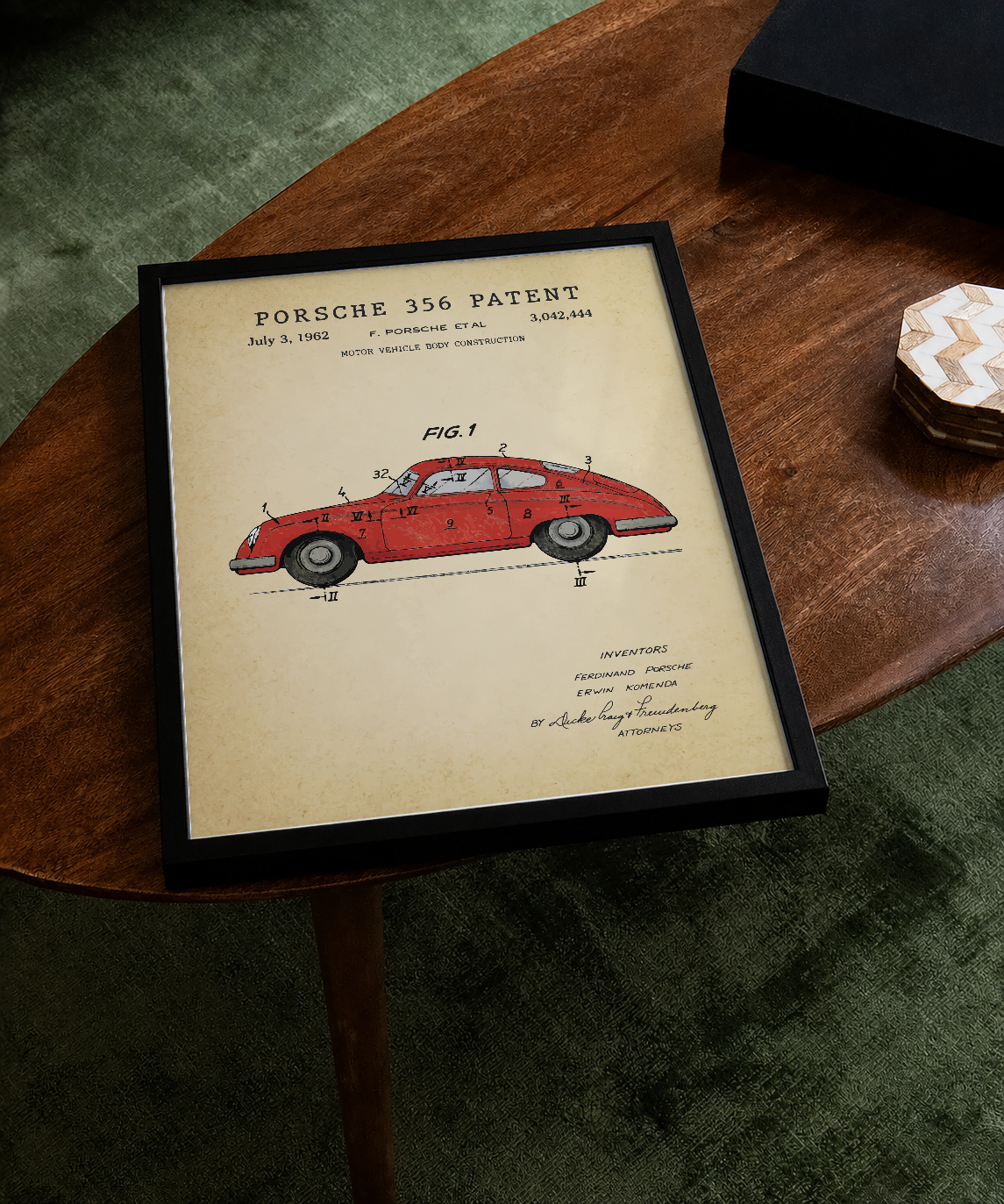 Porsche 356 patent print displayed on a tabletop