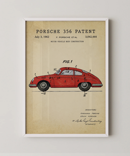 Porsche 356 patent print in a white frame