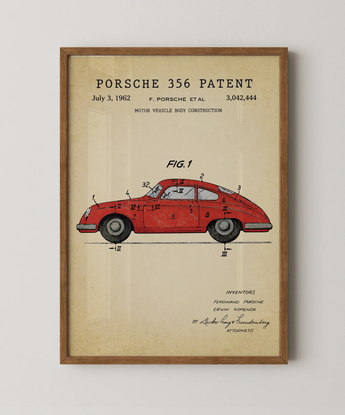 Porsche 356 patent print in a natural oak wood frame