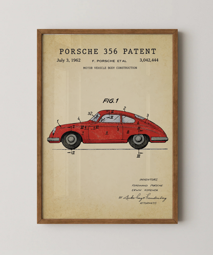 Porsche 356 patent print in a natural oak wood frame