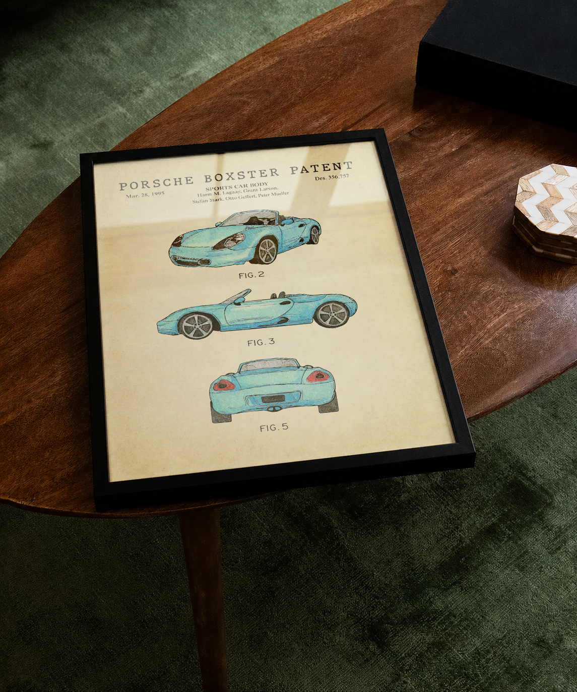 Porsche Boxster patent print displayed on a tabletop