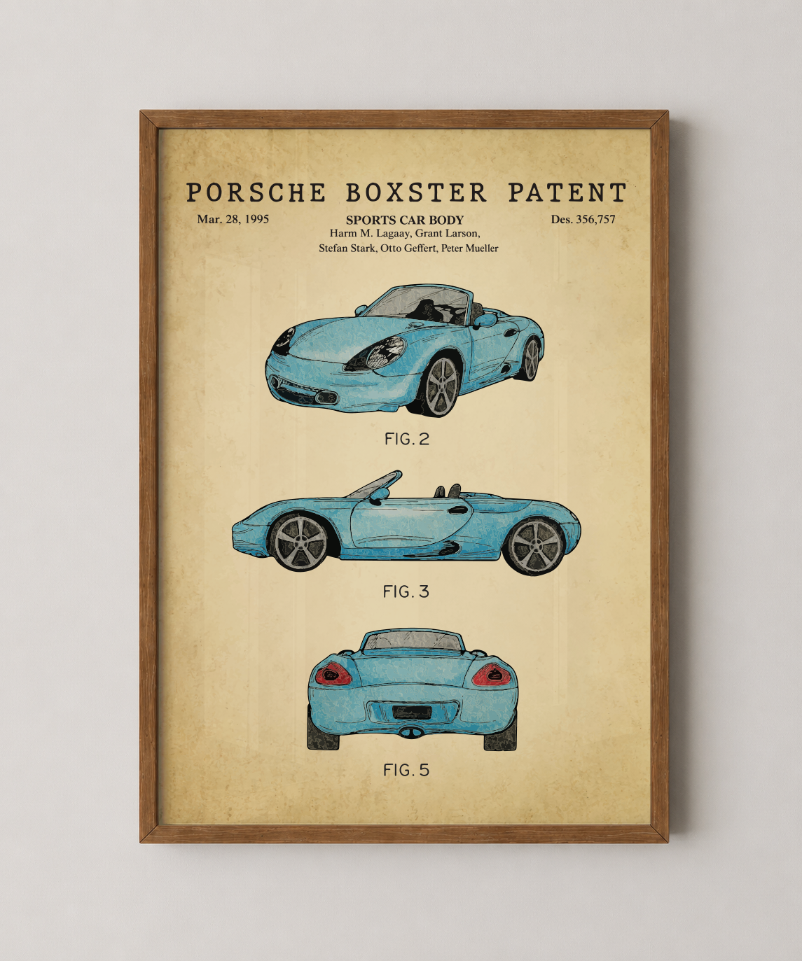 Porsche Boxster patent print in a natural oak wood frame