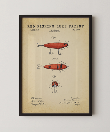Red fishing lure patent print in a black frame
