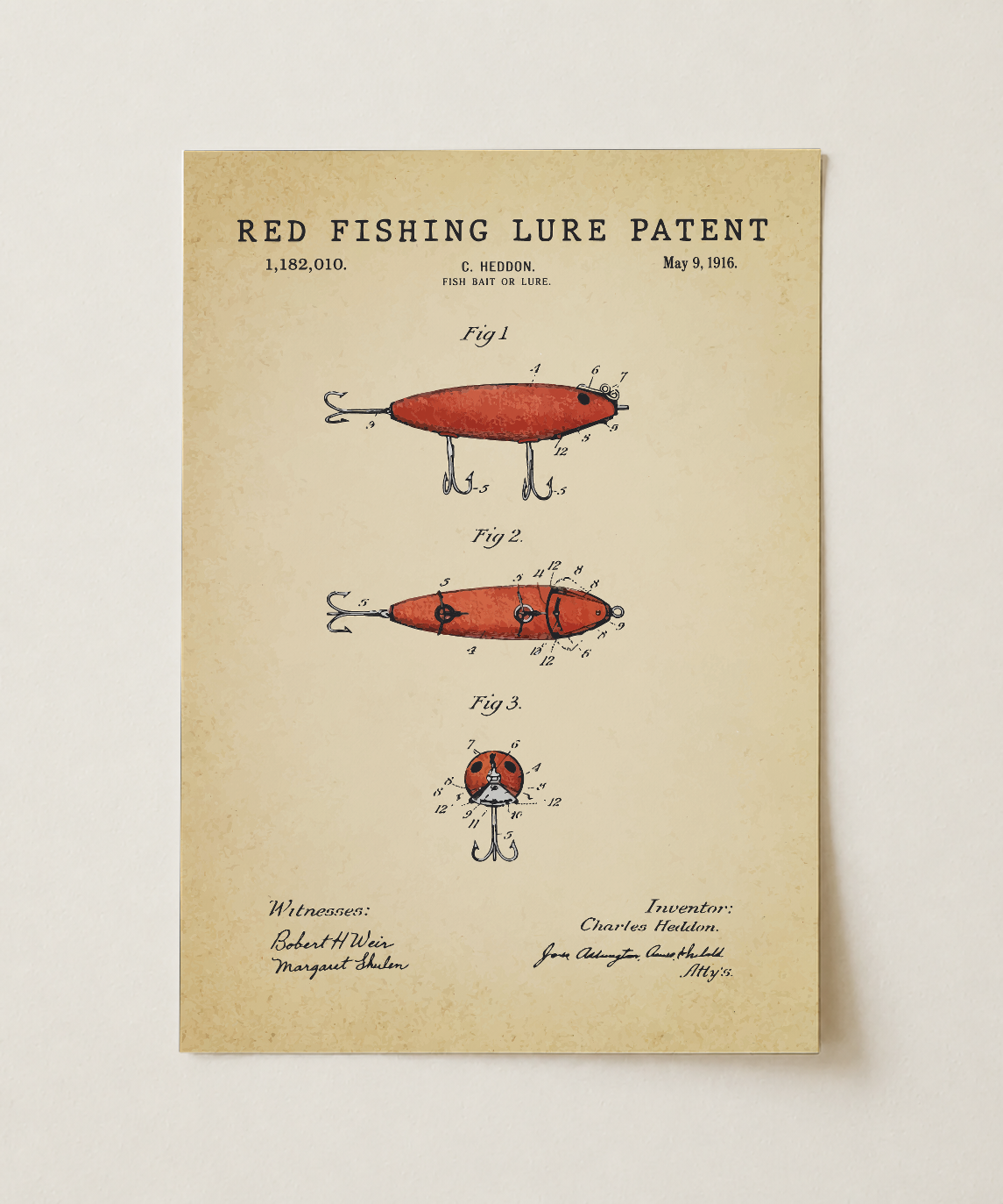 Red fishing lure patent print, unframed