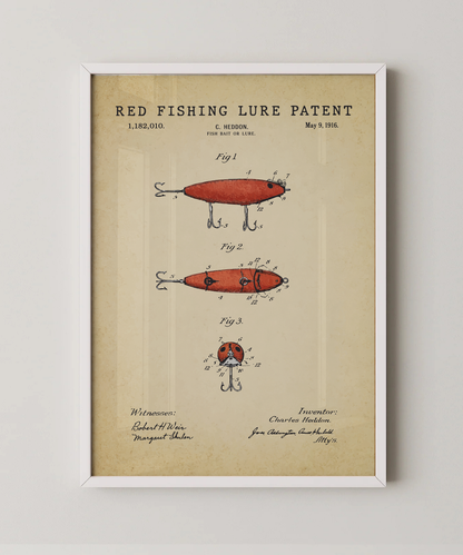Red fishing lure patent print in a white frame