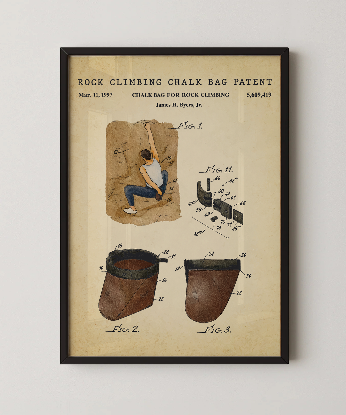 Rock climbing chalk bag patent print in a black frame