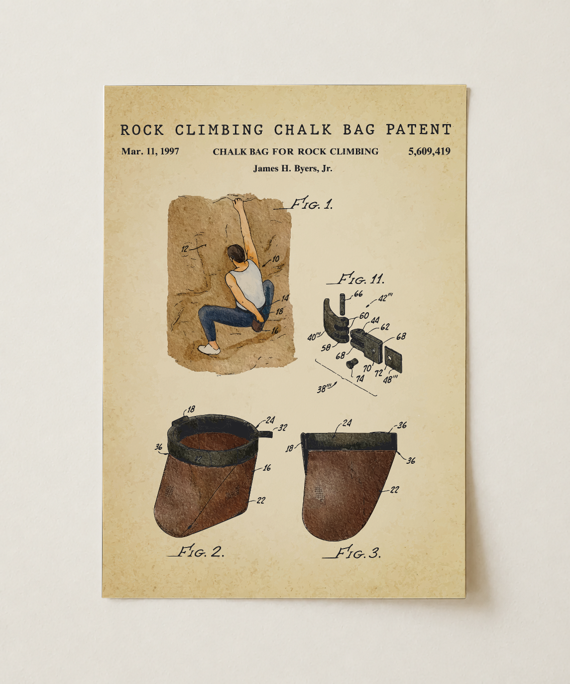 Rock climbing chalk bag patent print, unframed
