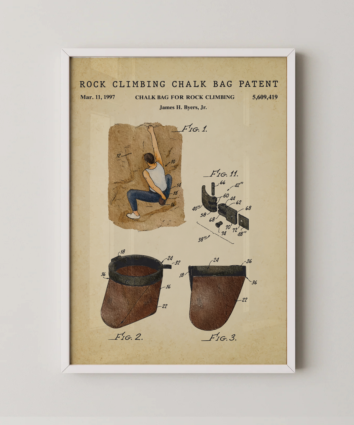 Rock climbing chalk bag patent print in a white frame