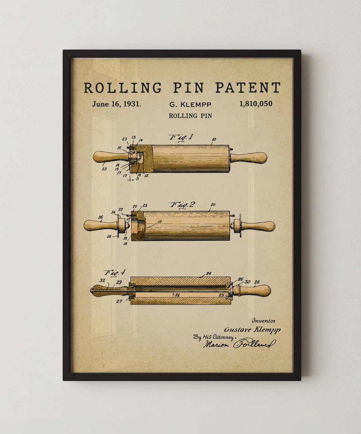 Rolling pin patent print in a black frame