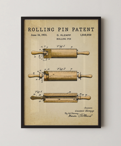 Rolling pin patent print in a black frame