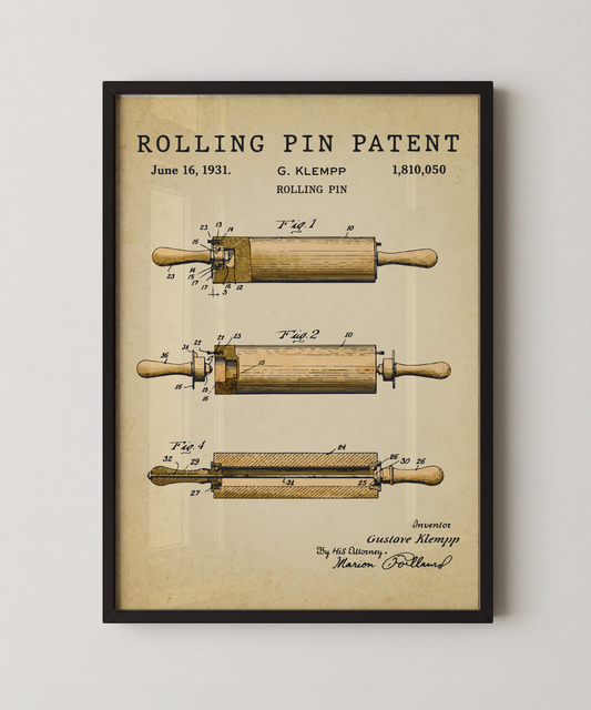 Rolling pin patent print in a black frame