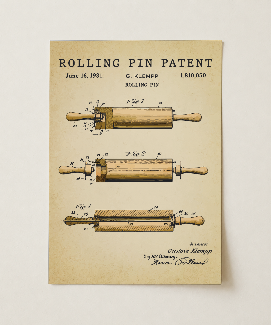 Rolling pin patent print, unframed