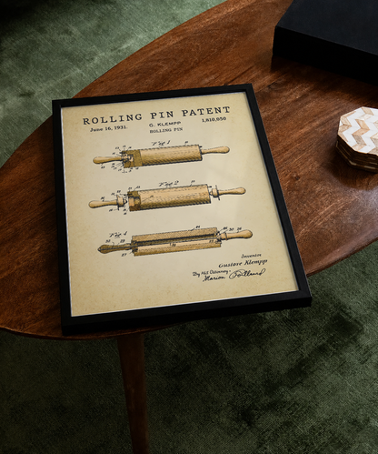 Rolling pin patent print displayed on a tabletop