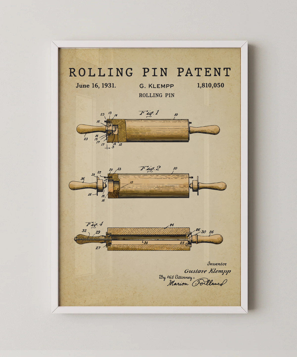 Rolling pin patent print in a white frame