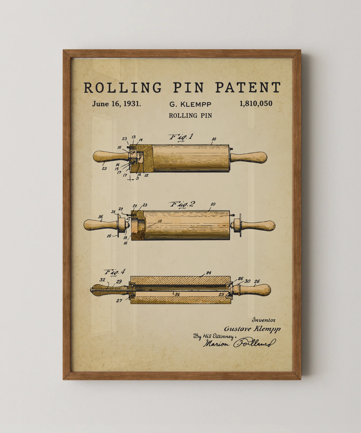 Rolling pin patent print in a natural oak wood frame