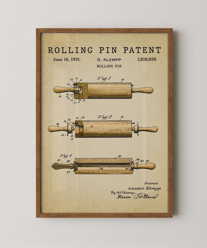 Rolling pin patent print in a natural oak wood frame
