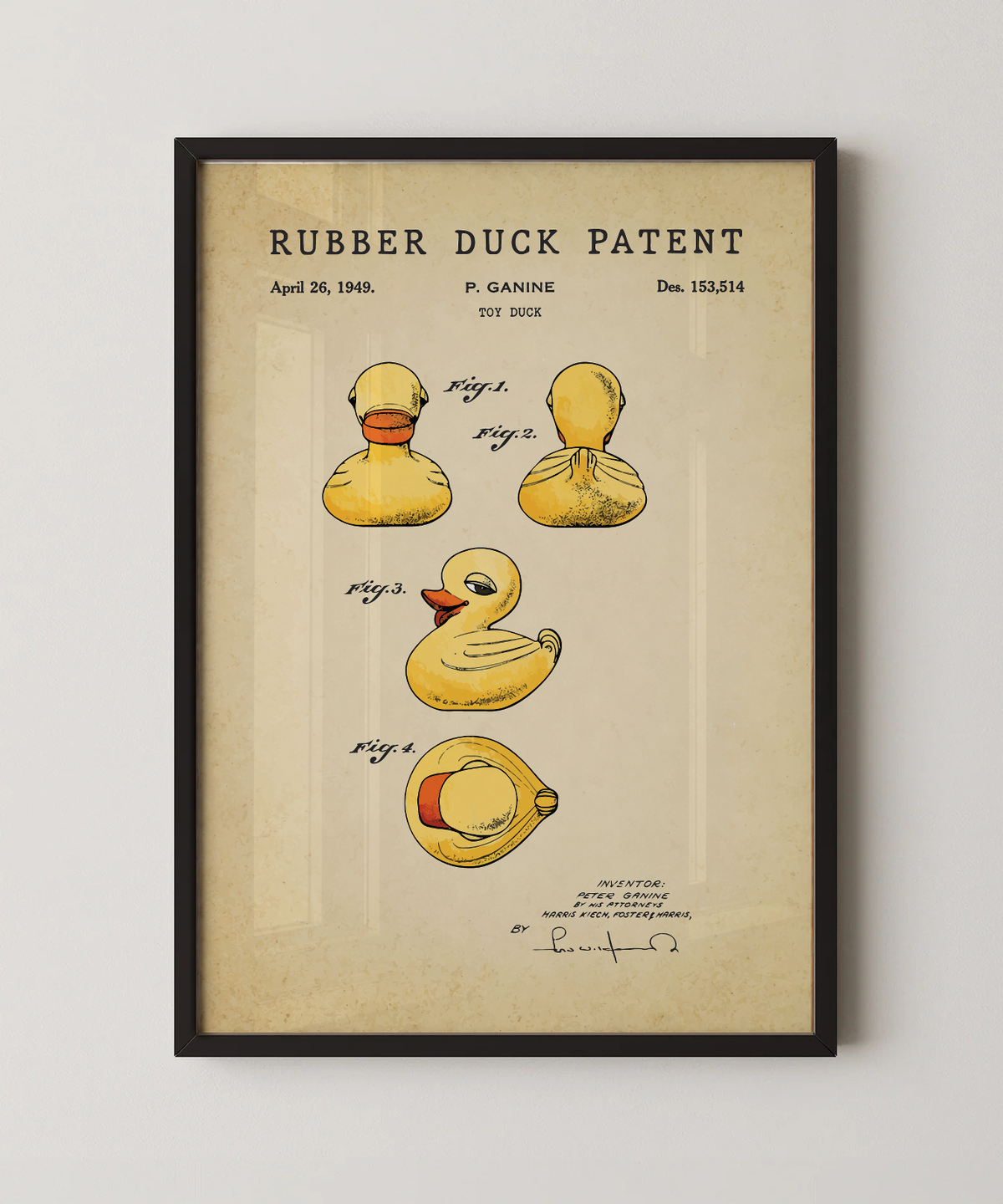 Rubber duck patent print in a black frame