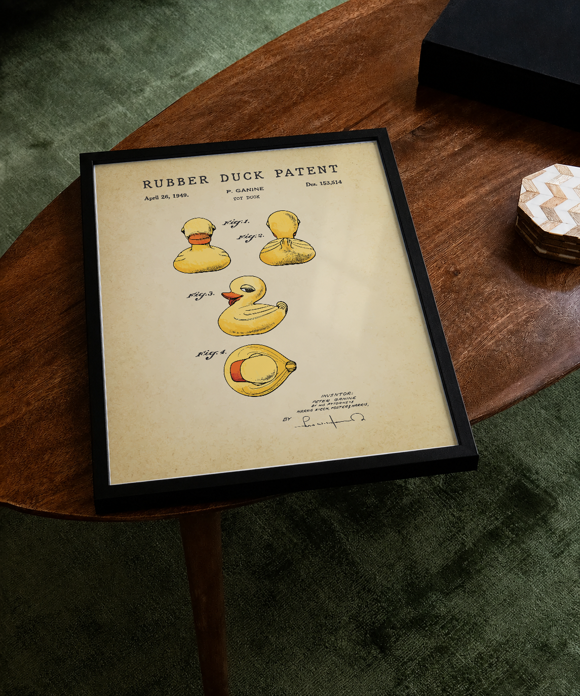 Rubber duck patent print displayed on a tabletop
