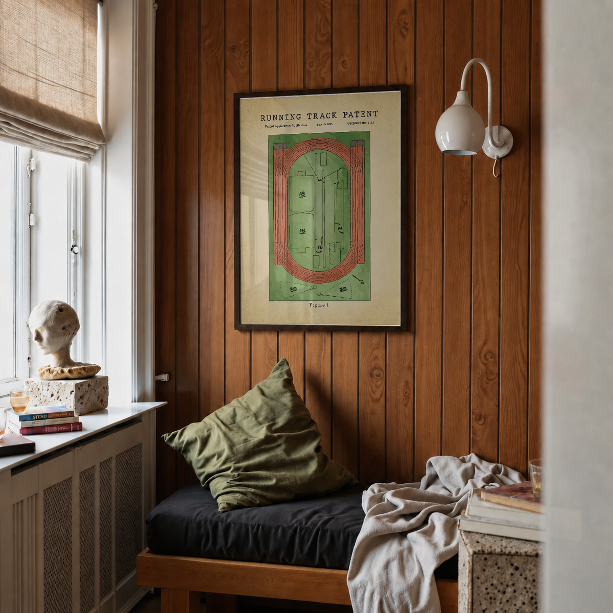 Running track patent print framed above a bed in a bedroom