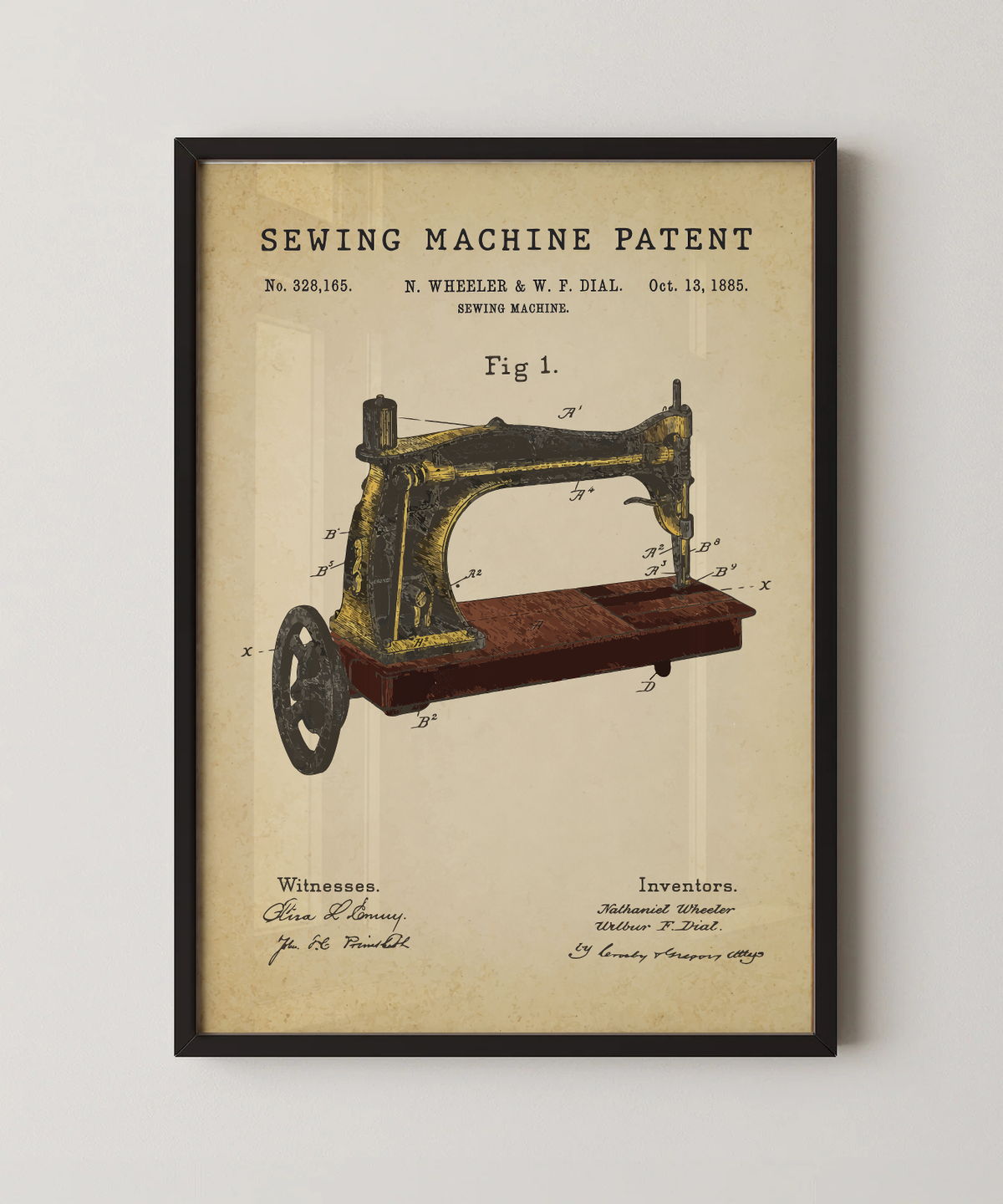 Sewing machine patent print in a black frame