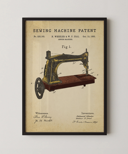 Sewing machine patent print in a black frame