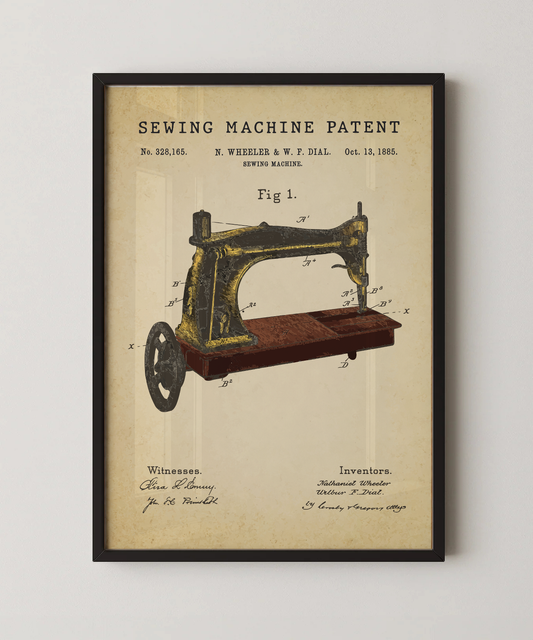 Sewing machine patent print in a black frame