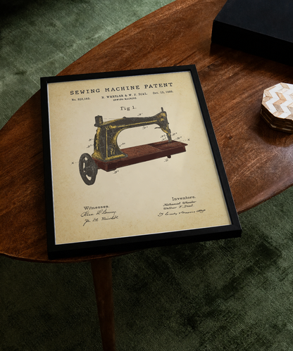 Sewing machine patent print displayed on a tabletop