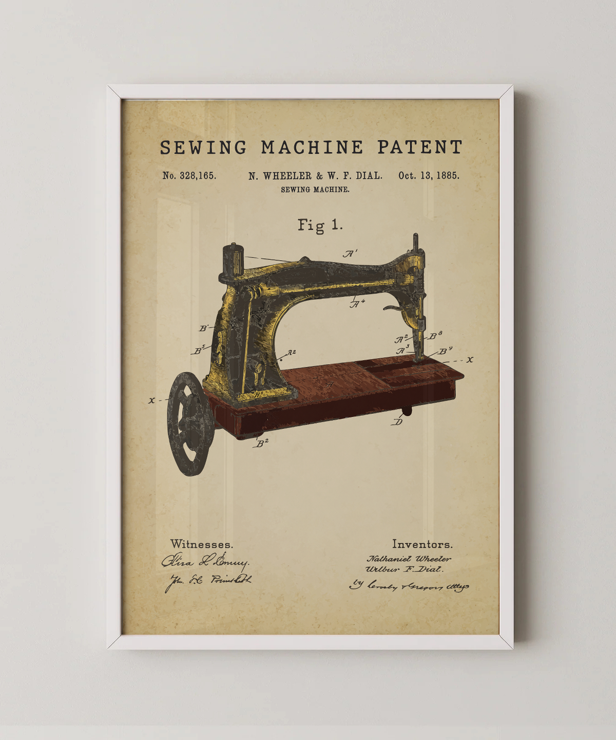 Sewing machine patent print in a white frame