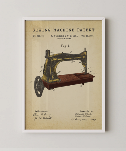 Sewing machine patent print in a white frame
